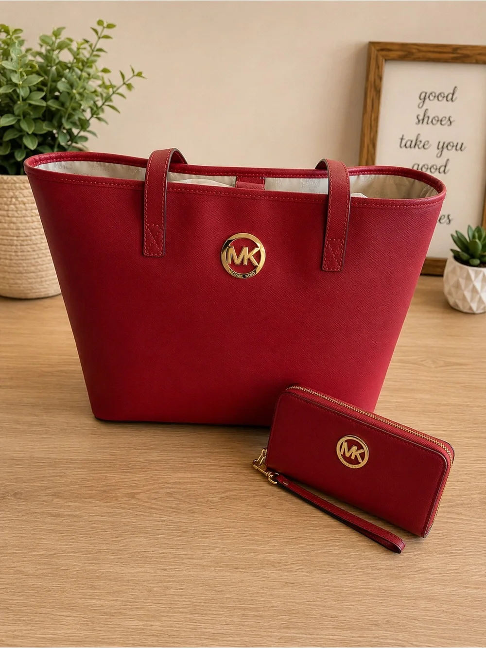 Michael Kors Red Saffiano Tote with Matching Zip Wallet